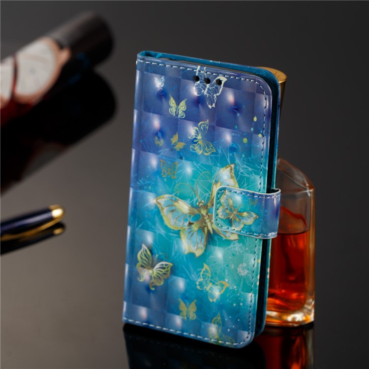 Leather Magnetic Wallet Stand Card Slots Protection Shell Case for Samsung Galaxy J2 Pro 2018 - Gold and Blue Butterfly-8