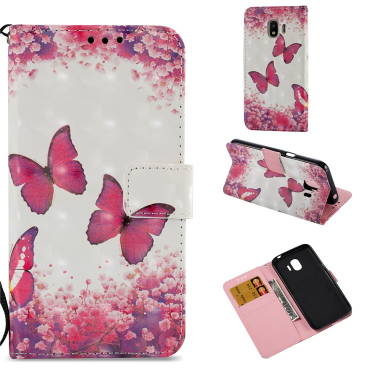 For Samsung Galaxy J2 Pro 2018 Leather Magnetic Cellphone Case Shell - Red Flower and Butterfly-1