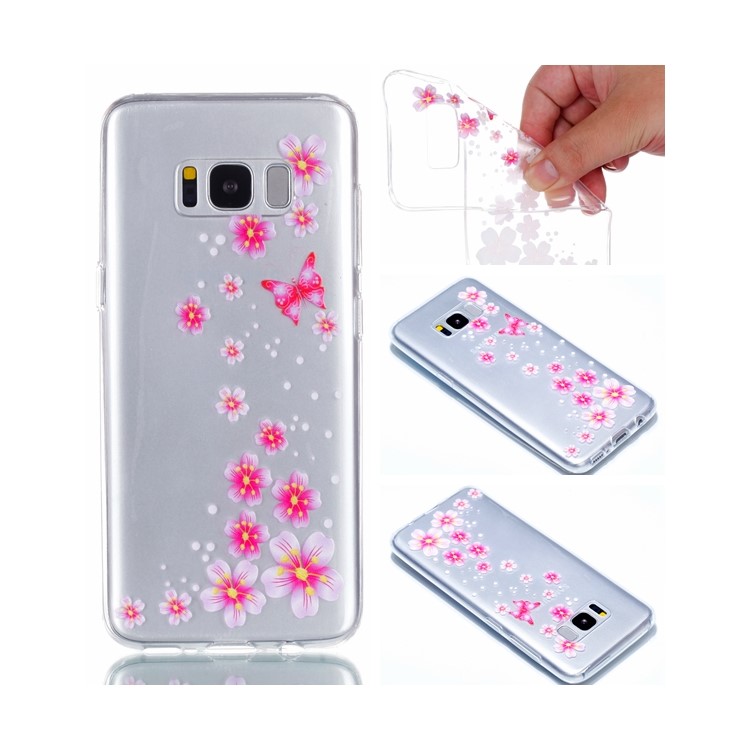 Rubberized Embossed Soft TPU Phone Case for Samsung Galaxy S8 G950 - Pink Butterfly and Flower-1