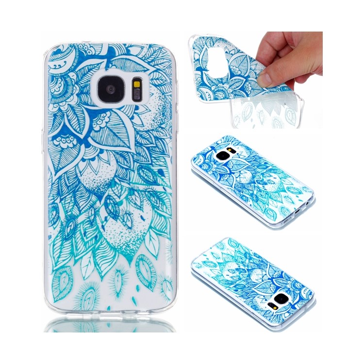Embossment Patterned TPU Soft Back Shell for Samsung Galaxy S7 SM-G930 - Cyan Flower-1