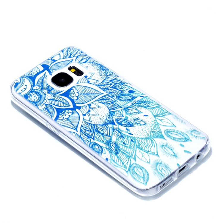 Embossment Patterned TPU Soft Back Shell for Samsung Galaxy S7 SM-G930 - Cyan Flower-3