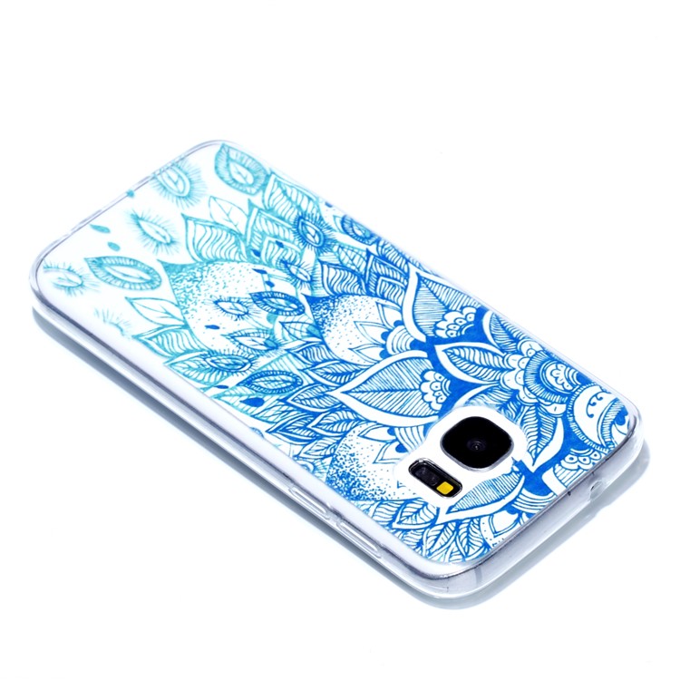 Embossment Patterned TPU Soft Back Shell for Samsung Galaxy S7 SM-G930 - Cyan Flower-4