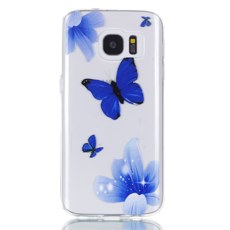 Embossment Patterned TPU Soft Back Casing for Samsung Galaxy S7 SM-G930 - Blue Flowers and Butterflies-2