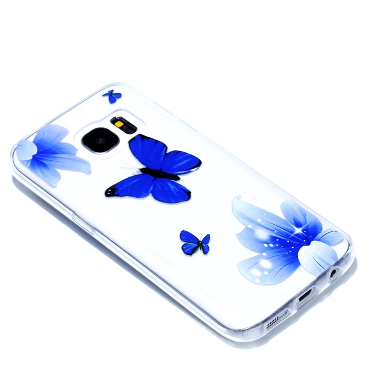 Embossment Patterned TPU Soft Back Casing for Samsung Galaxy S7 SM-G930 - Blue Flowers and Butterflies-3
