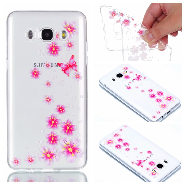 Rubberized Embossed TPU Gel Case for Samsung Galaxy J7 (2016) SM-J710 - Pink Butterfly and Flower-1