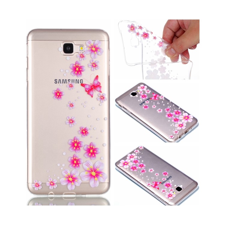 Rubberized Embossed Soft TPU Mobile Shell for Samsung Galaxy J7 Prime/On Nxt - Pink Butterfly and Flower-1