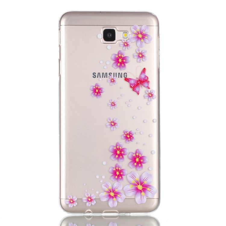 Rubberized Embossed Soft TPU Mobile Shell for Samsung Galaxy J7 Prime/On Nxt - Pink Butterfly and Flower-2