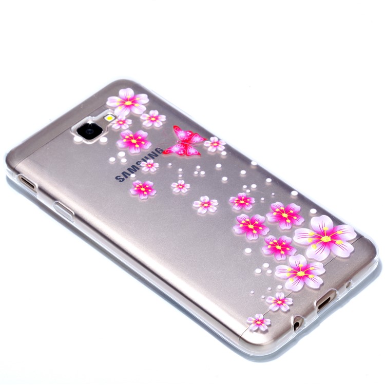 Rubberized Embossed Soft TPU Mobile Shell for Samsung Galaxy J7 Prime/On Nxt - Pink Butterfly and Flower-3