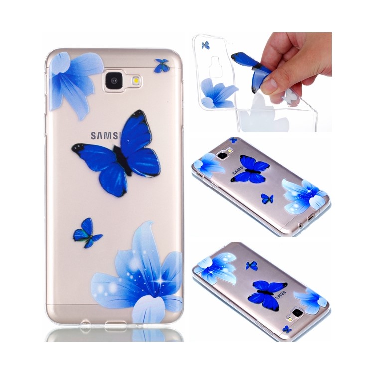 Rubberized Embossed Soft TPU Cell Phone Case Accessory for Samsung Galaxy J7 Prime/On Nxt - Blue Butterfly and Flower-1