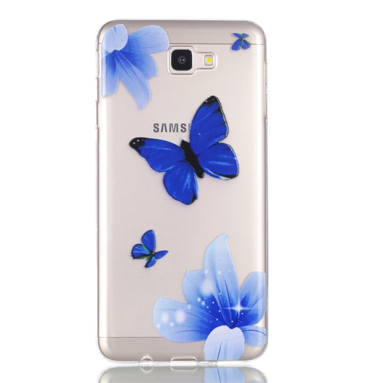 Rubberized Embossed Soft TPU Cell Phone Case Accessory for Samsung Galaxy J7 Prime/On Nxt - Blue Butterfly and Flower-2