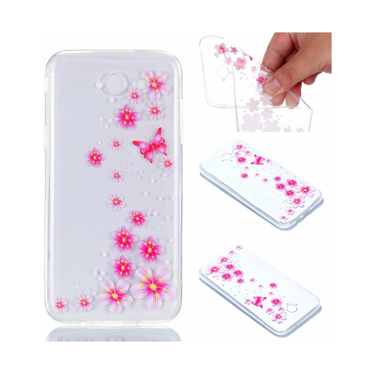 Embossment Patterned TPU Soft Back Case Cover for Samsung Galaxy J3 Pro (2017) / J3 (2017) EU Version - Pink Butterfly and Flower-1