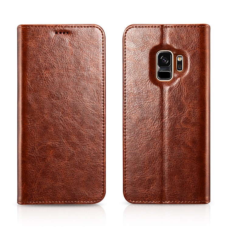 Caja Loca Del Soporte De La Cartera Del Cuero De La Textura Del Caballo De XOOMZ Para La Galaxia S9 SM-G960 De Samsung - Marrón-1