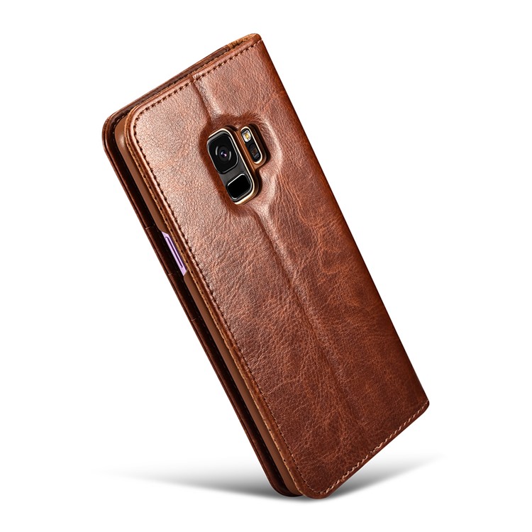 Caja Loca Del Soporte De La Cartera Del Cuero De La Textura Del Caballo De XOOMZ Para La Galaxia S9 SM-G960 De Samsung - Marrón-3