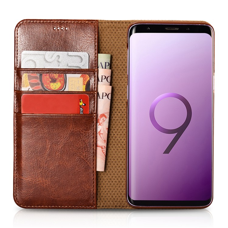 Caja Loca Del Soporte De La Cartera Del Cuero De La Textura Del Caballo De XOOMZ Para La Galaxia S9 SM-G960 De Samsung - Marrón-7