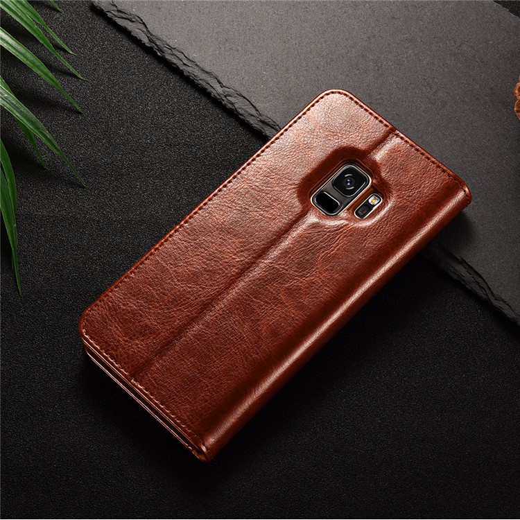 Caja Loca Del Soporte De La Cartera Del Cuero De La Textura Del Caballo De XOOMZ Para La Galaxia S9 SM-G960 De Samsung - Marrón-8