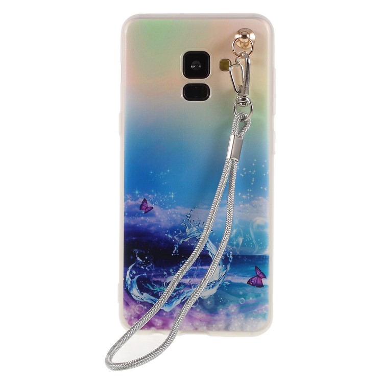 Pattern Printing TPU Back Cover for Samsung Galaxy A8 (2018) with Lanyard - Butterfly and Water-1