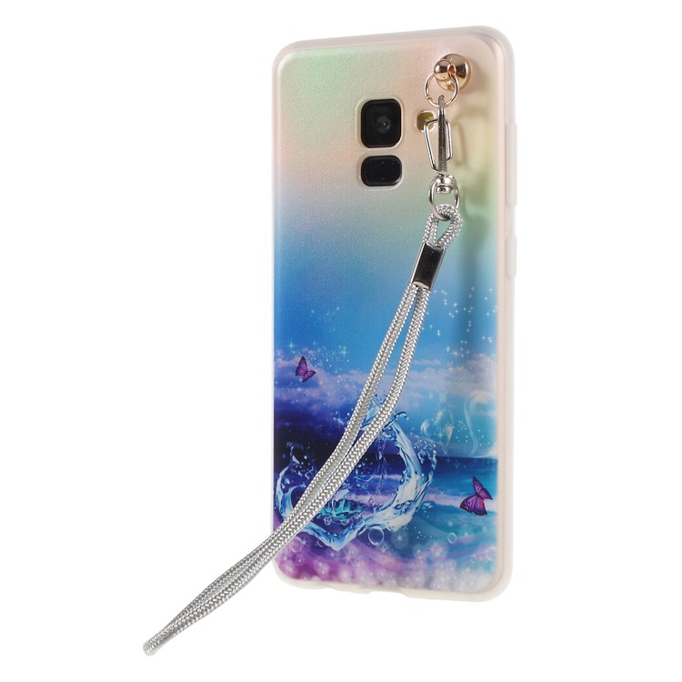 Pattern Printing TPU Back Cover for Samsung Galaxy A8 (2018) with Lanyard - Butterfly and Water-3
