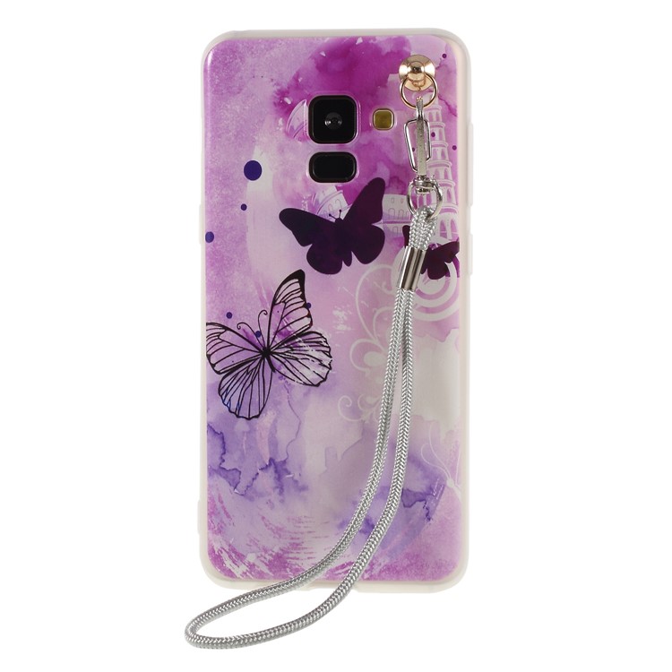 For Samsung Galaxy A8 (2018) Pattern Printing TPU Phone Case with Wrist Strap - Butterflies and Tower-1