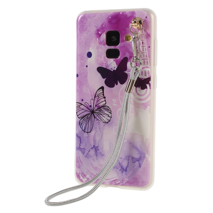 For Samsung Galaxy A8 (2018) Pattern Printing TPU Phone Case with Wrist Strap - Butterflies and Tower-3