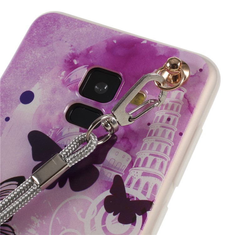 For Samsung Galaxy A8 (2018) Pattern Printing TPU Phone Case with Wrist Strap - Butterflies and Tower-4