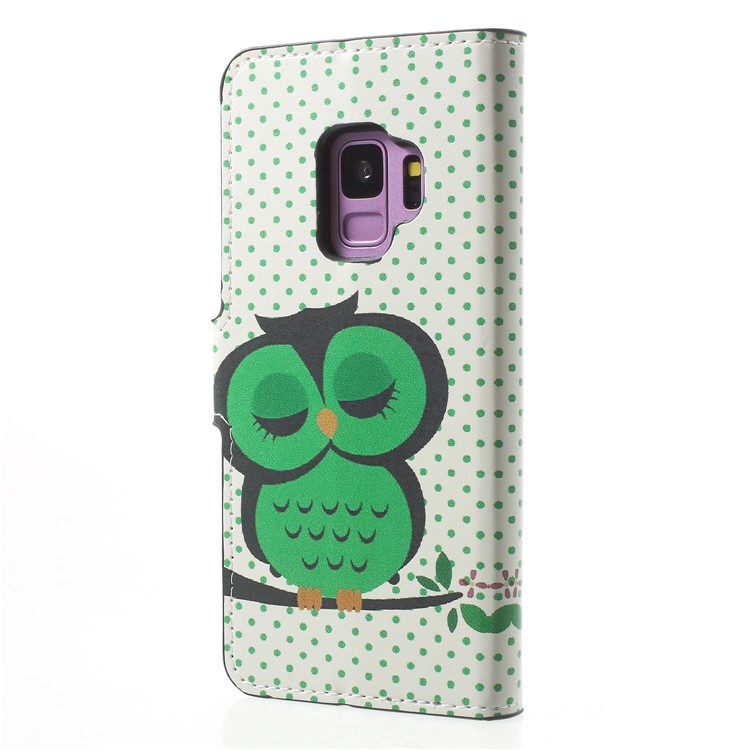 Water Transfer Printing Wallet Leather Case for Samsung Galaxy S9 G960 - Green Napping Owl-2
