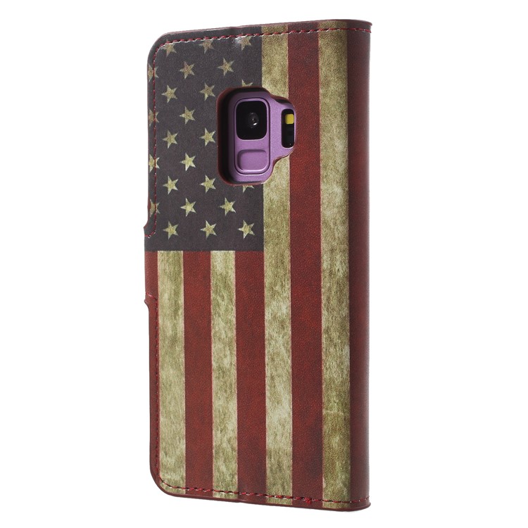 Water Transfer Printing Wallet Leather Cover Shell for Samsung Galaxy S9 G960 - Retro US Flag-2