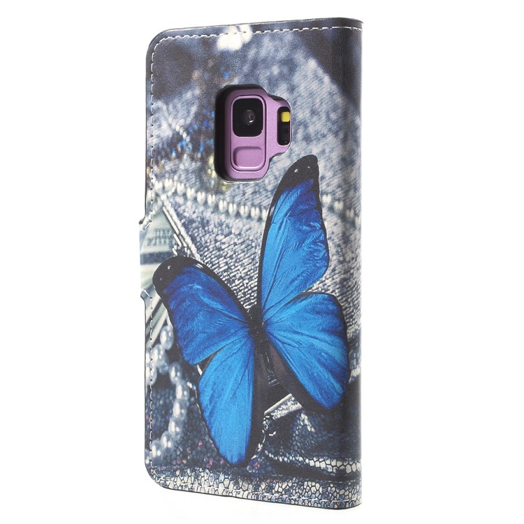 Water Transfer Printing Wallet Leather Mobile Case for Samsung Galaxy S9 G960 - Blue Butterfly-2