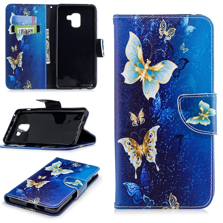 Pattern Printing PU Leather Wallet Stand Case for Samsung Galaxy A8 Plus (2018) - Blue Butterflies-1