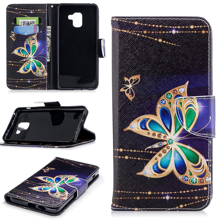 Pattern Printing PU Leather Wallet Stand Cover for Samsung Galaxy A8+
(2018) - Butterfly with Diamond-1