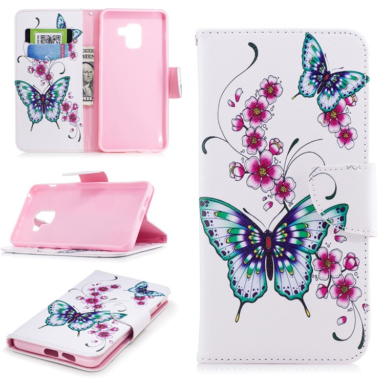 Pattern Printing PU Leather Stand Flip Case for Samsung Galaxy A8+ (2018) - Butterflies and Flower-1