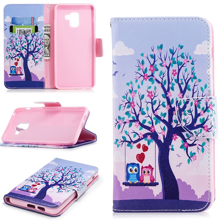 

Pattern Printing PU Leather Stand Phone Shell for Samsung Galaxy A8 Plus (2018) - Swinging Owls on the Tree