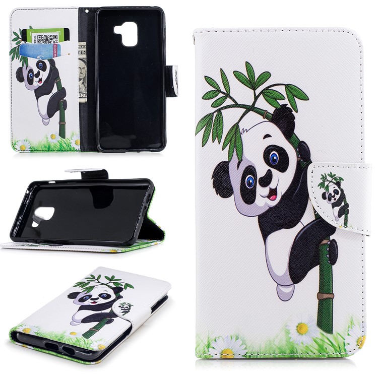 Pattern Printing PU Leather Stand Mobile Casing for Samsung Galaxy A8 Plus (2018) - Lovely Panda on Bamboo-1