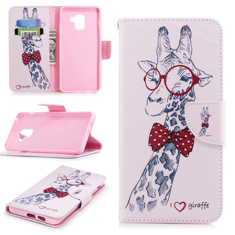 Patterned PU Leather Card Holder Stand Cover for Samsung Galaxy A8 Plus (2018) - Giraffe Wearing Glasses-1