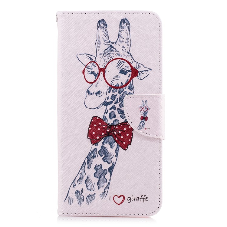 Patterned PU Leather Card Holder Stand Cover for Samsung Galaxy A8 Plus (2018) - Giraffe Wearing Glasses-2