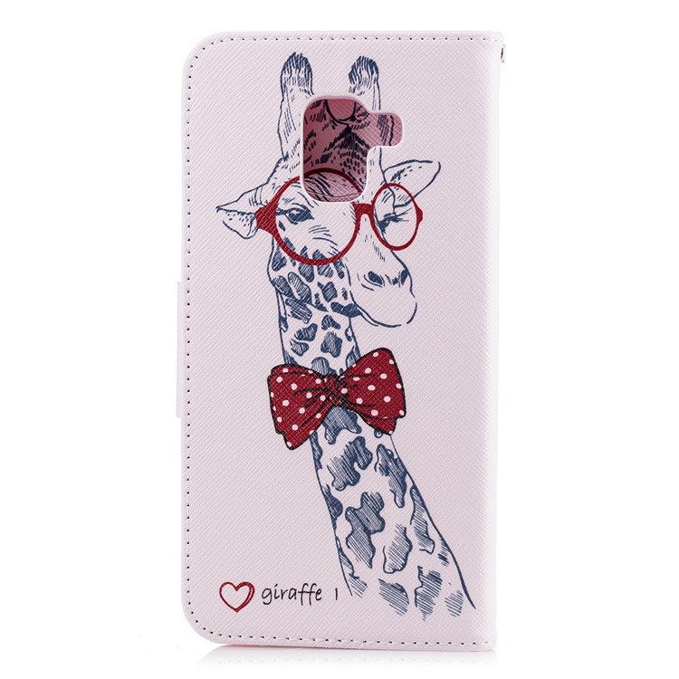 Patterned PU Leather Card Holder Stand Cover for Samsung Galaxy A8 Plus (2018) - Giraffe Wearing Glasses-3