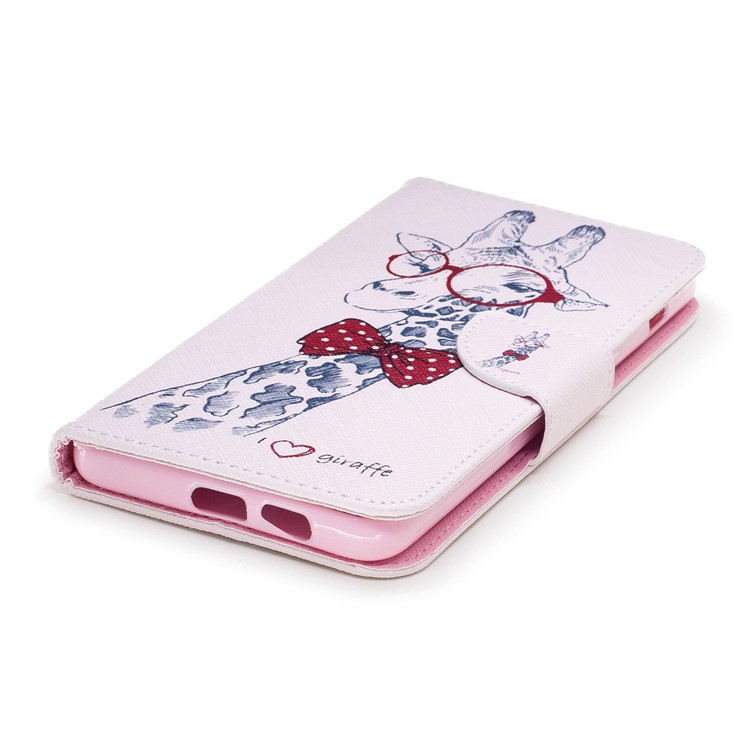Patterned PU Leather Card Holder Stand Cover for Samsung Galaxy A8 Plus (2018) - Giraffe Wearing Glasses-6