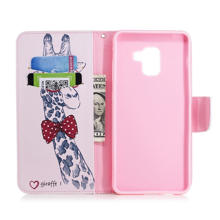 Patterned PU Leather Card Holder Stand Cover for Samsung Galaxy A8 Plus (2018) - Giraffe Wearing Glasses-8