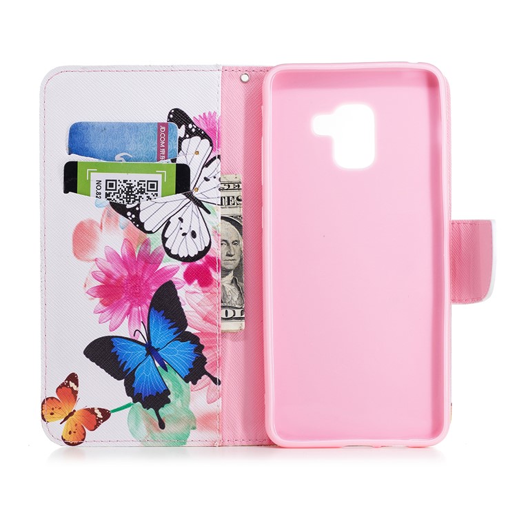 Patterned PU Leather Wallet Stand Shell for Samsung Galaxy A8+ (2018) - Butterfly and Flower-8