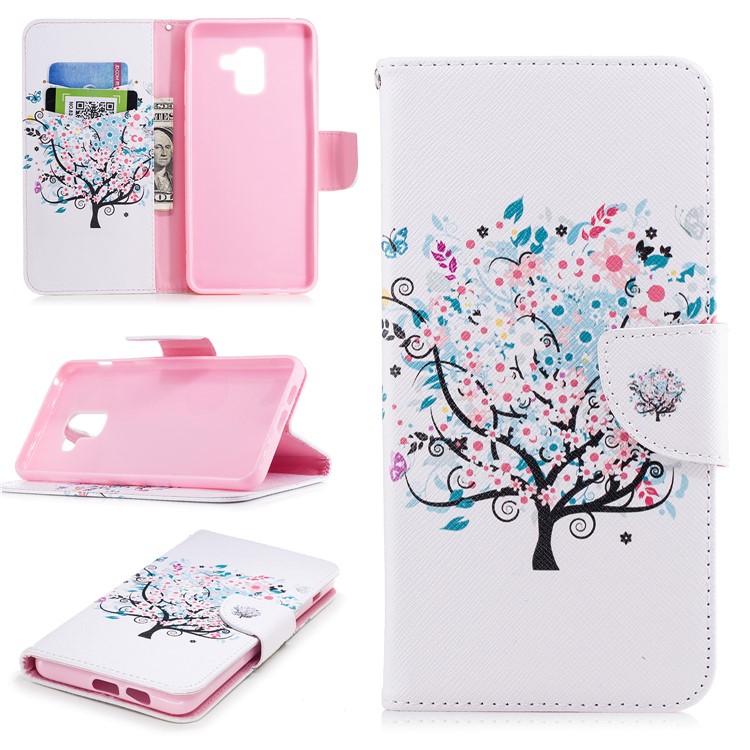 Patterned PU Leather Card Holder Case Mobile Accessory for Samsung Galaxy A8 Plus (2018) - Floret Tree-1