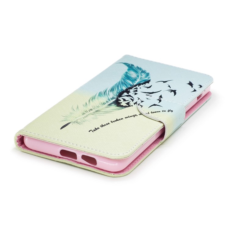 Patterned PU Leather Wallet Mobile Phone Shell for Samsung Galaxy A8 Plus (2018) - Quill Pen and Birds-6
