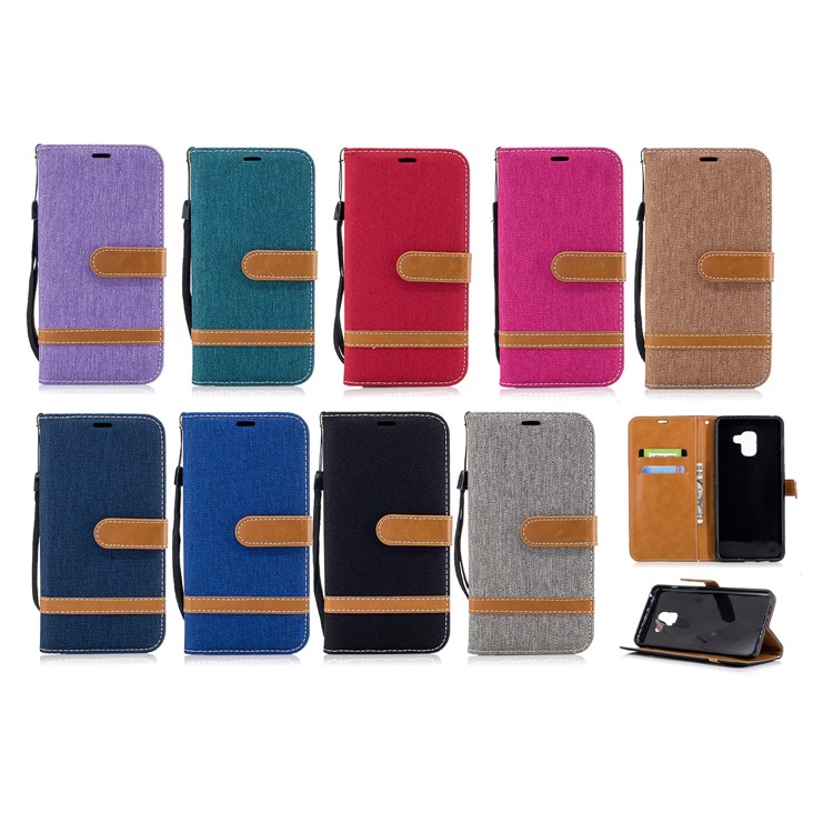 Assorted Color Jeans Cloth Wallet Stand Leather Case for Samsung Galaxy A8+ (2018) - Black-11