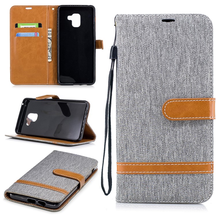 

Assorted Color Jeans Cloth Wallet Stand Leather Cover for Samsung Galaxy A8+ (2018) - Grey