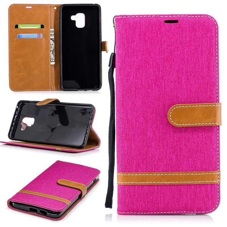 Assorted Color Jeans Cloth Wallet Leather Stand Cover for Samsung Galaxy A8+ (2018) - Rose-1