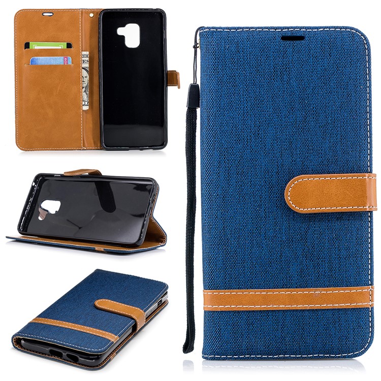 

Assorted Color Jeans Cloth Leather Stand Case with Card Slots for Samsung Galaxy A8+ (2018) - Dark Blue