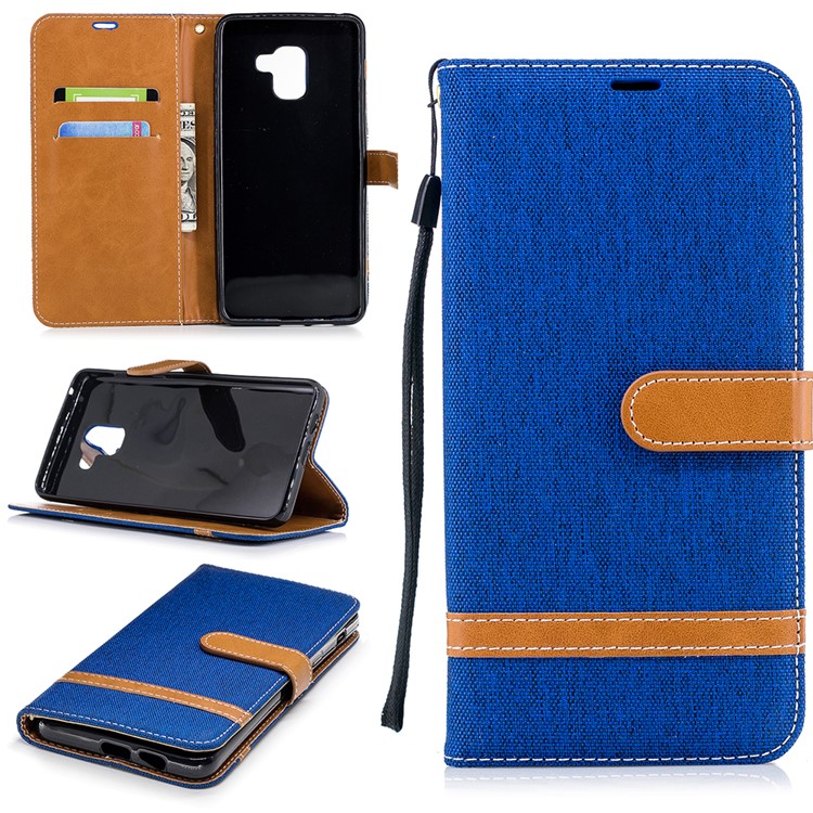 Assorted Color Jeans Cloth Leather Stand Cover with Card Slots for Samsung Galaxy A8+ (2018) - Baby Blue-1