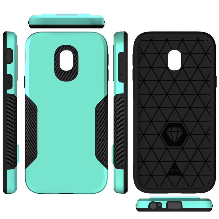 For Samsung Galaxy J3 (2017) EU Version / J3 Pro (2017) Carbon Fiber Grain PC + TPU Hybrid Accessory Protection Case - Cyan-7