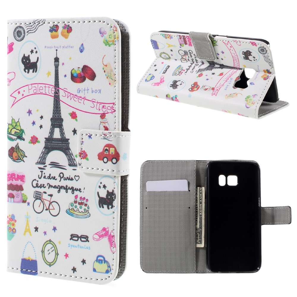 Card Holder Leather Case for Samsung Galaxy S7 - Eiffel Tower and Flowers-1