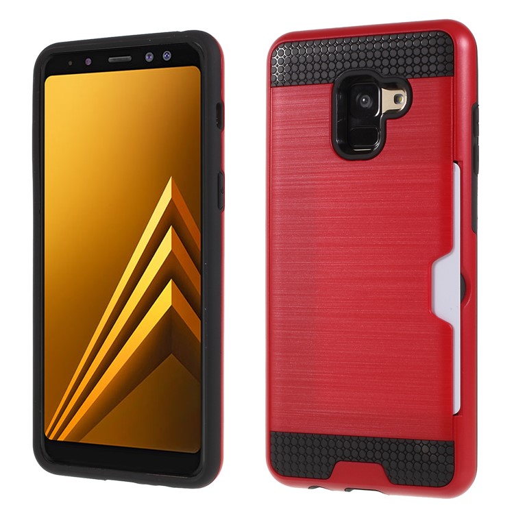 Brushed Card Holder Plastic TPU Hybrid Case for Samsung Galaxy A8 (2018) - Red-1