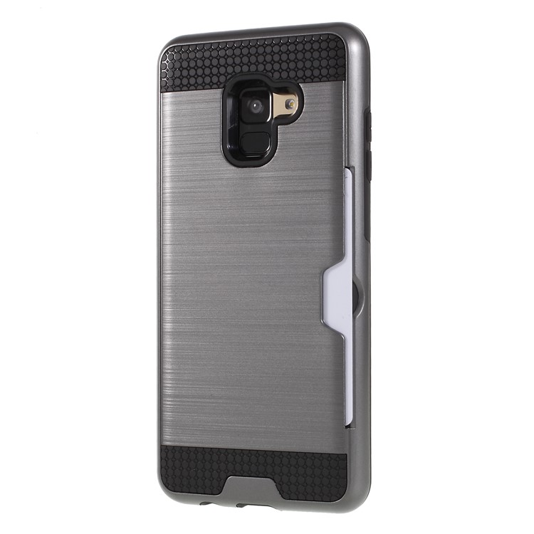 Brushed Card Holder PC + TPU Hybrid Phone Cover for Samsung Galaxy A8 (2018) - Grey-3