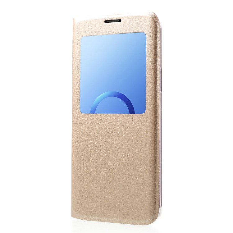 Litchi Texture View Window Leather Folio Cover Case for Samsung Galaxy S9 G960 - Gold-3
